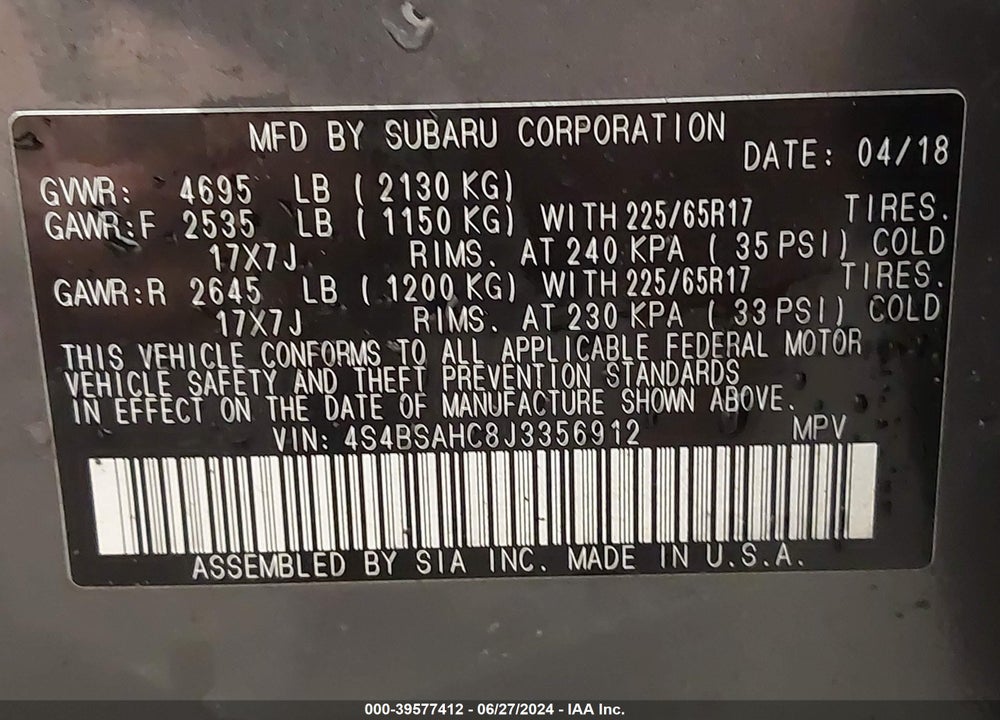 2018 SUBARU OUTBACK 2.5I PREMIUM VIN: 4S4BSAHC8J3356912