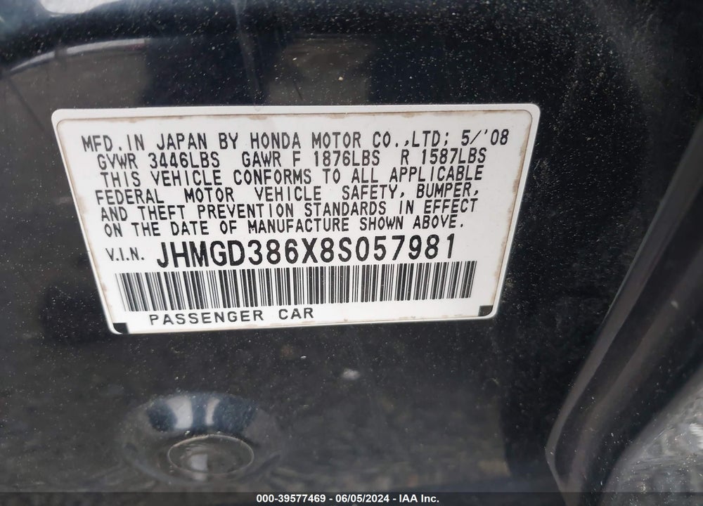 2008 HONDA FIT SPORT VIN: JHMGD386X8S057981