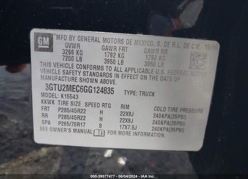 2016 GMC SIERRA 1500 SLE VIN: 3GTU2MEC6GG124835