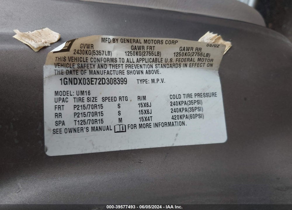 2002 CHEVROLET VENTURE PLUS VIN: 1GNDX03E72D308399