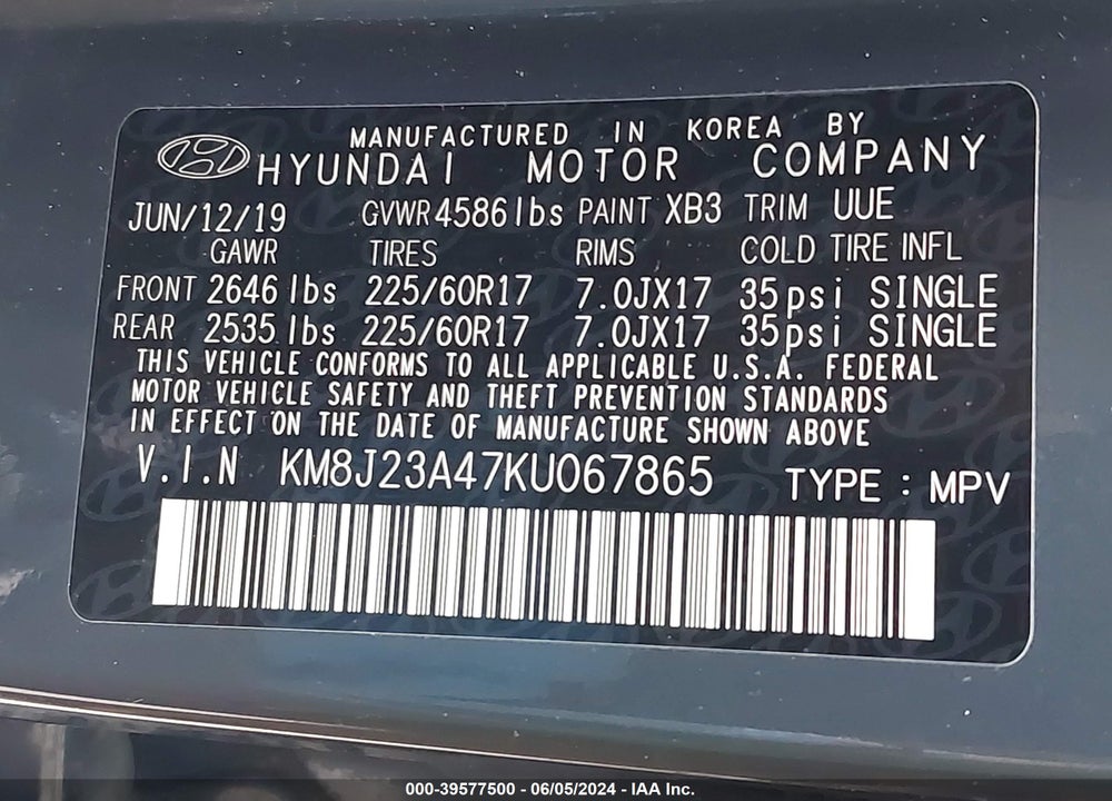 2019 HYUNDAI TUCSON SE VIN: KM8J23A47KU067865