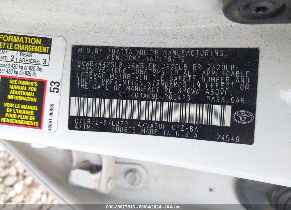 2020 TOYOTA CAMRY XSE VIN: 4T1K61AK9LU305423