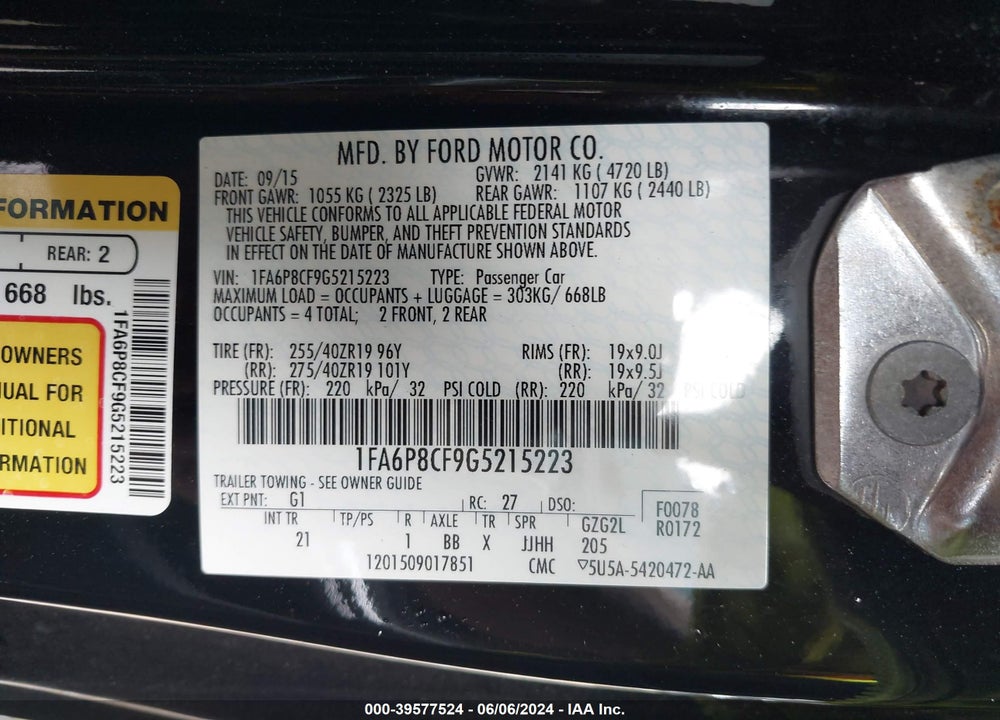 2016 FORD MUSTANG GT VIN: 1FA6P8CF9G5215223