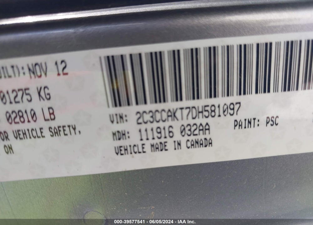 2013 CHRYSLER 300C AWD VIN: 2C3CCAKT7DH581097