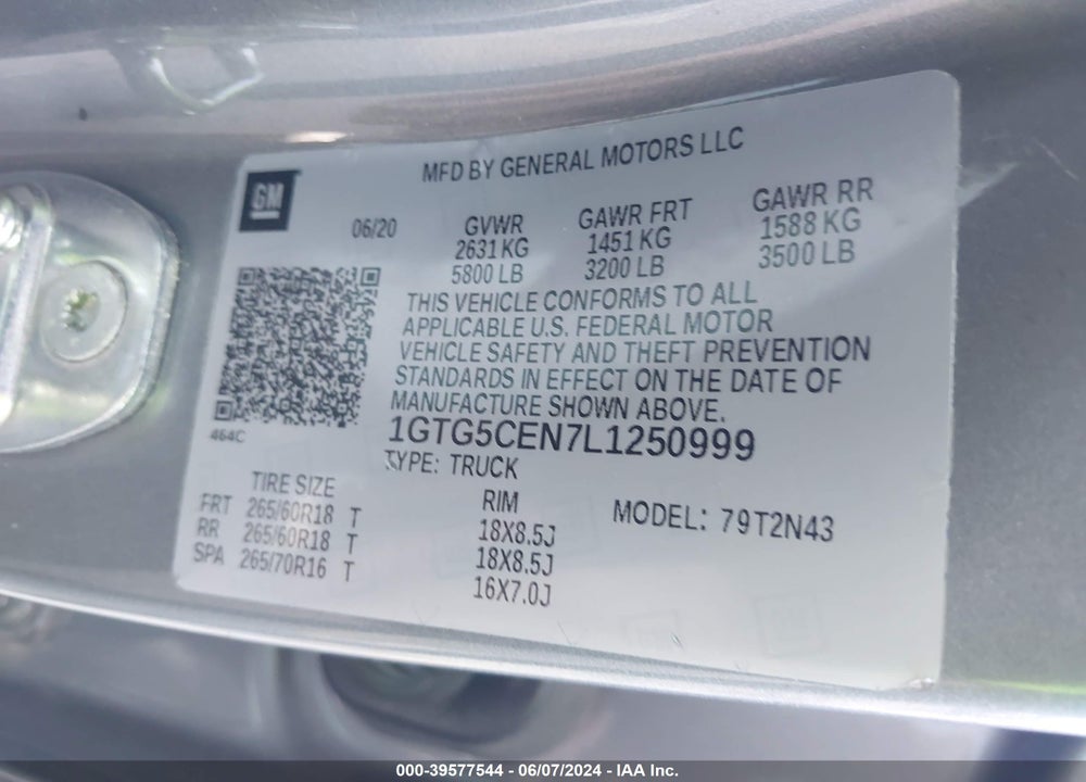 2020 GMC CANYON 2WD SHORT BOX SLE VIN: 1GTG5CEN7L1250999