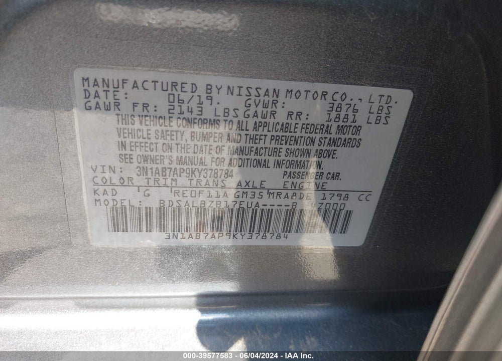 2019 NISSAN SENTRA S VIN: 3N1AB7AP9KY378784