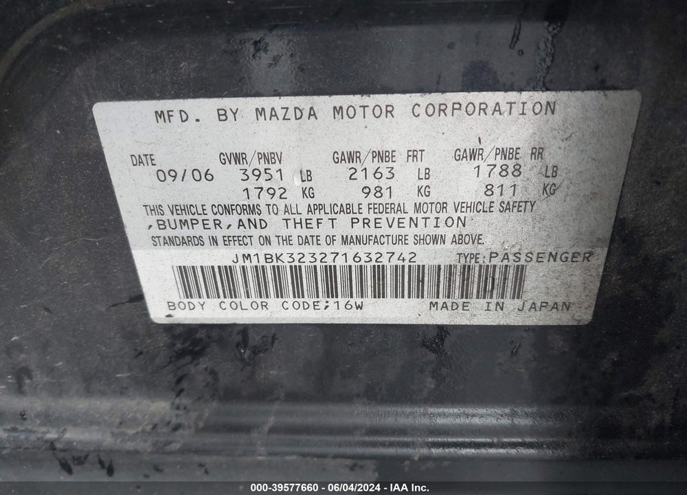 2007 MAZDA 3 S GRAND TOURING VIN: JM1BK323271632742