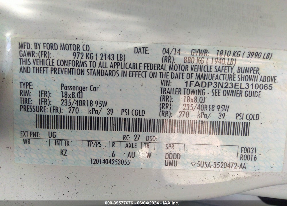 2014 FORD FOCUS TITANIUM VIN: 1FADP3N23EL310065