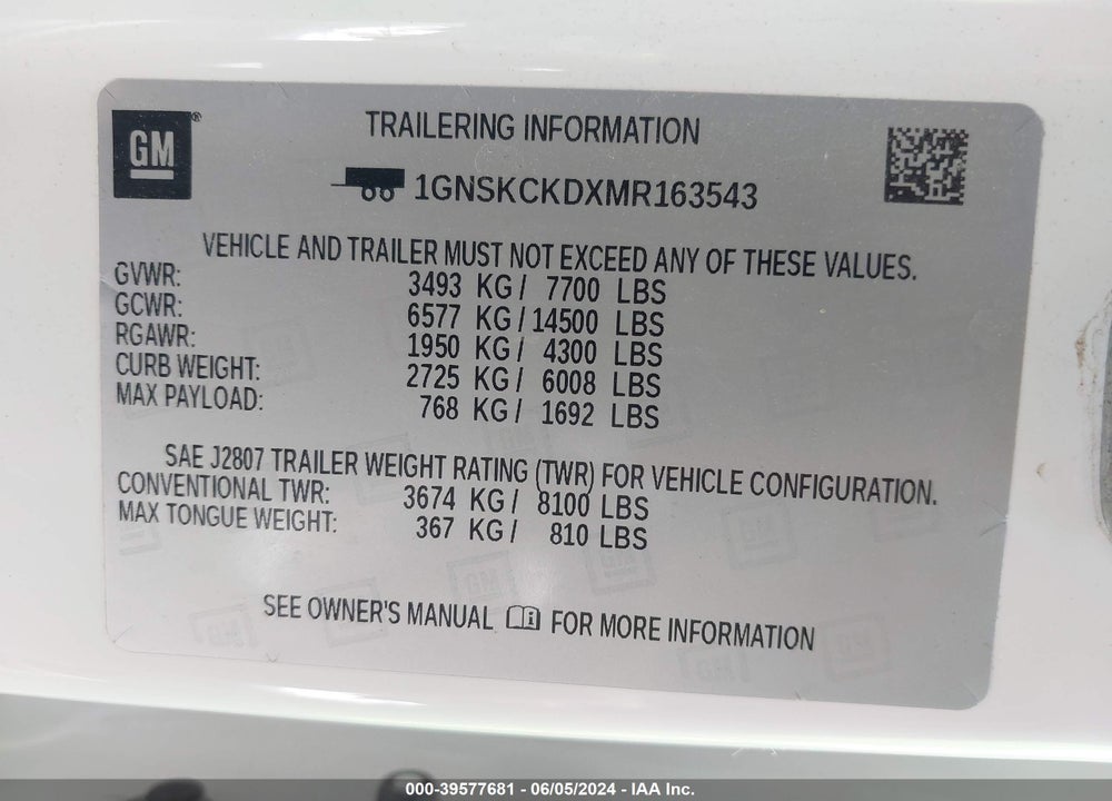2021 CHEVROLET SUBURBAN 4WD LT VIN: 1GNSKCKDXMR163543