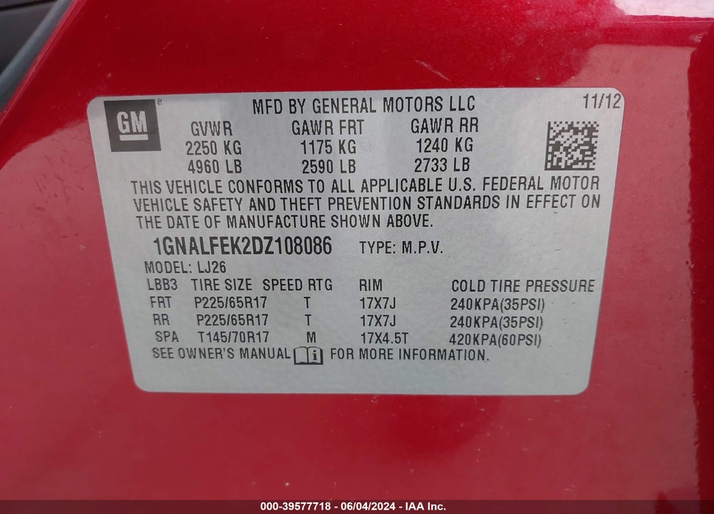 2013 CHEVROLET EQUINOX LTZ VIN: 1GNALFEK2DZ108086