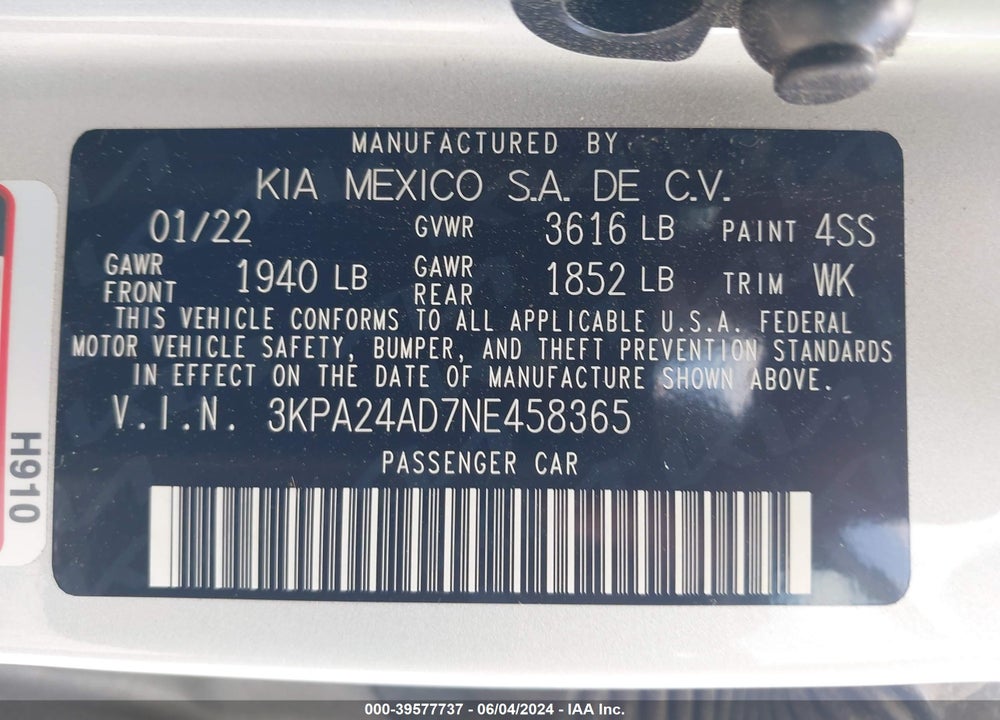 2022 KIA RIO S VIN: 3KPA24AD7NE458365