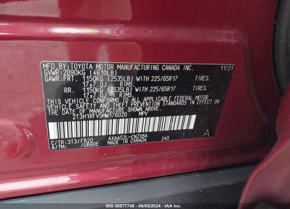 2021 TOYOTA RAV4 LE VIN: 2T3H1RFV5MW176020