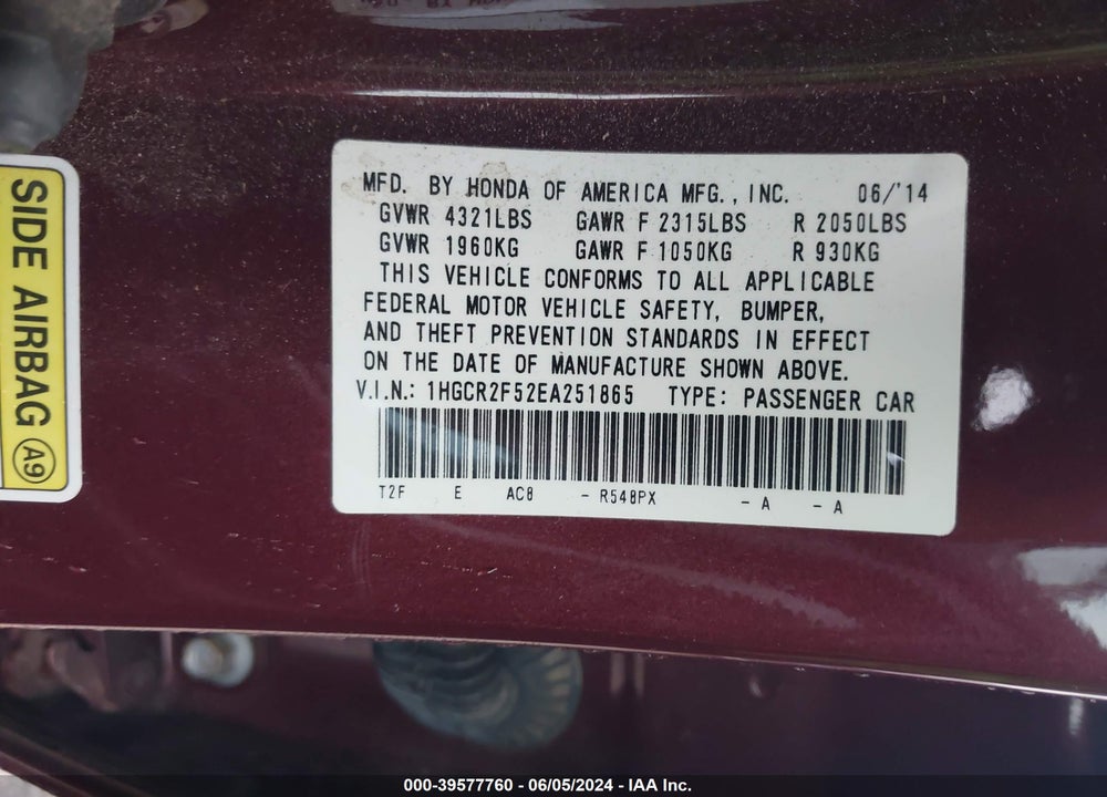 2014 HONDA ACCORD SPORT VIN: 1HGCR2F52EA251865