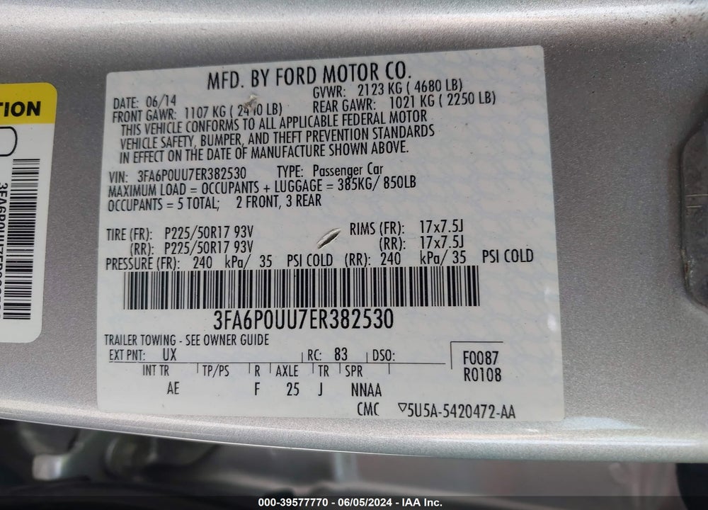 2014 FORD FUSION HYBRID S VIN: 3FA6P0UU7ER382530