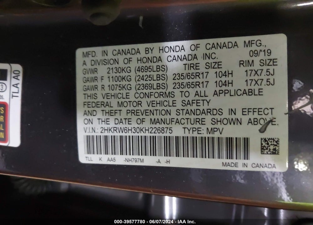2019 HONDA CR-V LX VIN: 2HKRW6H30KH226875