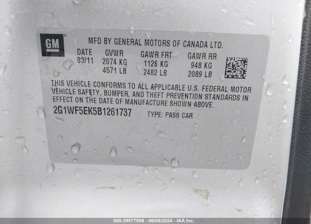 2011 CHEVROLET IMPALA LS VIN: 2G1WF5EK5B1261737
