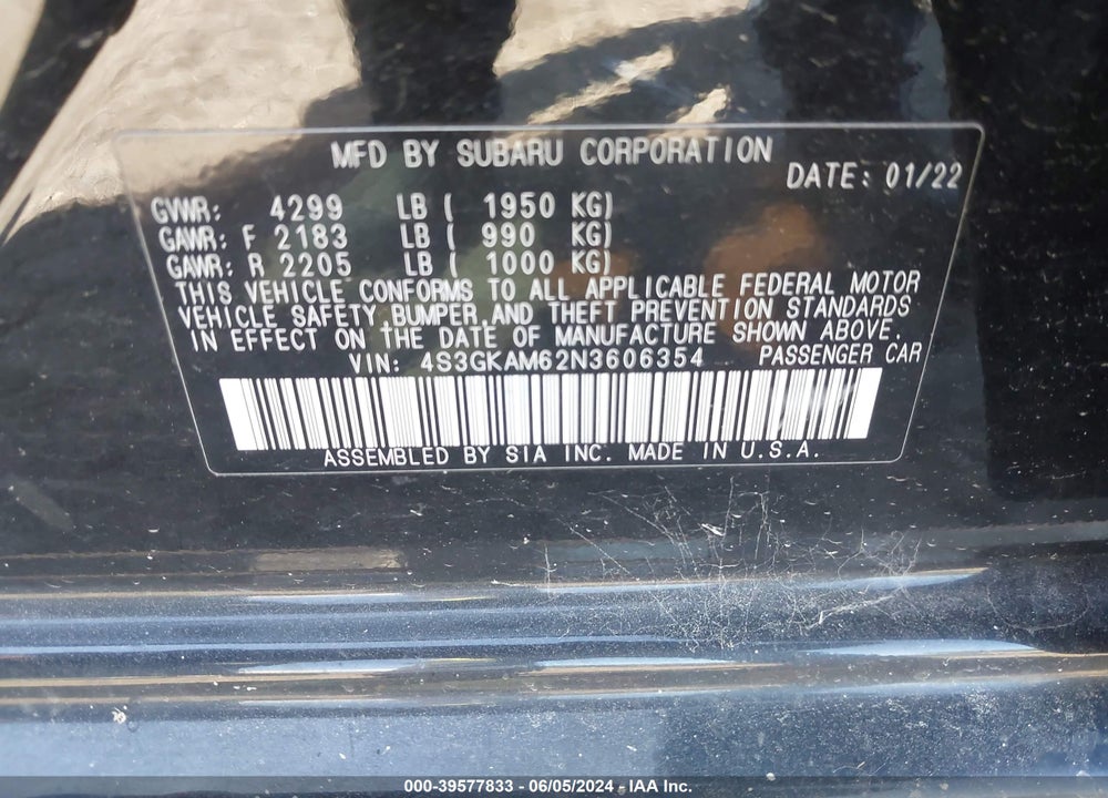 2022 SUBARU IMPREZA SPORT VIN: 4S3GKAM62N3606354