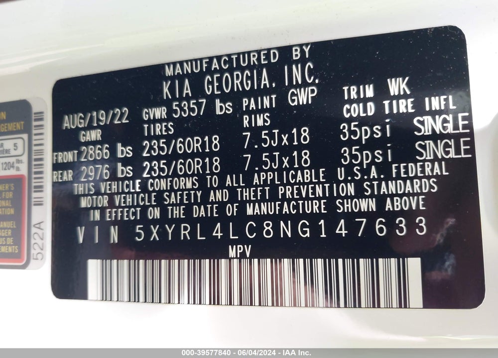 2022 KIA SORENTO S VIN: 5XYRL4LC8NG147633