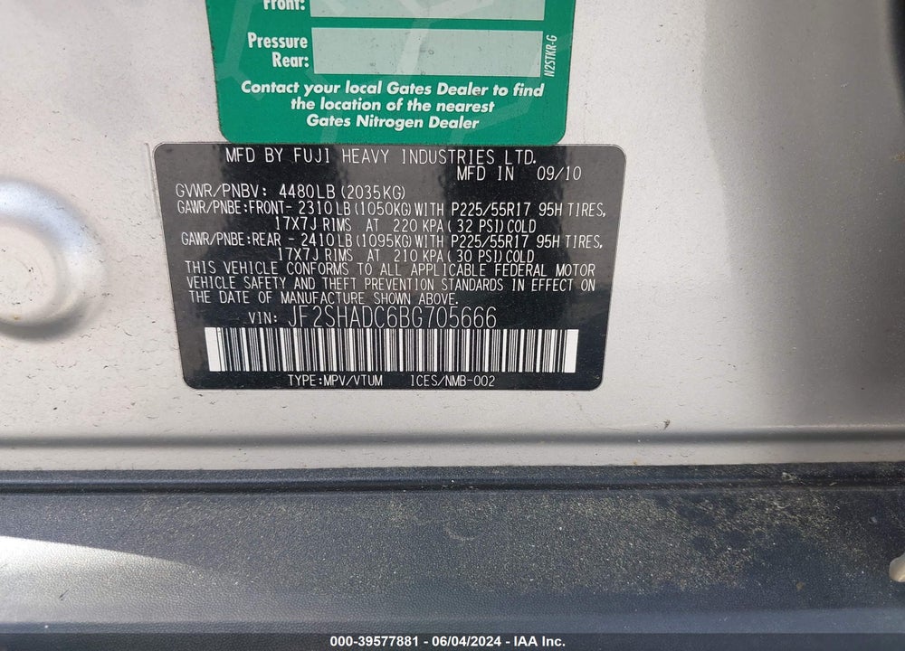 2011 SUBARU FORESTER 2.5X PREMIUM VIN: JF2SHADC6BG705666