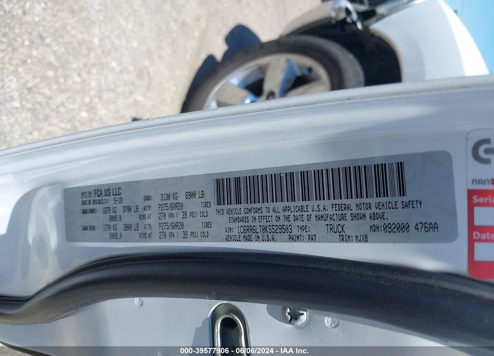 2019 RAM 1500 CLASSIC LONE STAR 4X2 5'7 BOX VIN: 1C6RR6LT0KS529503