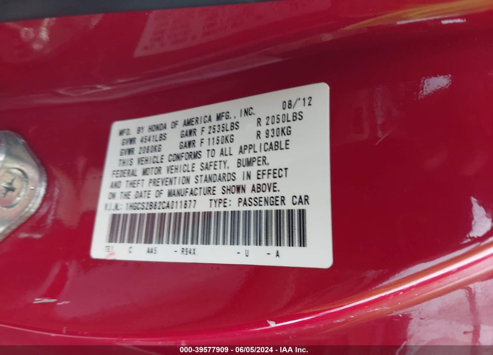 2012 HONDA ACCORD 3.5 EX-L VIN: 1HGCS2B82CA011877
