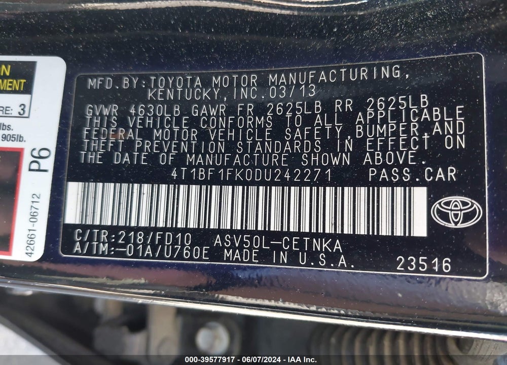 2013 TOYOTA CAMRY LE VIN: 4T1BF1FK0DU242271