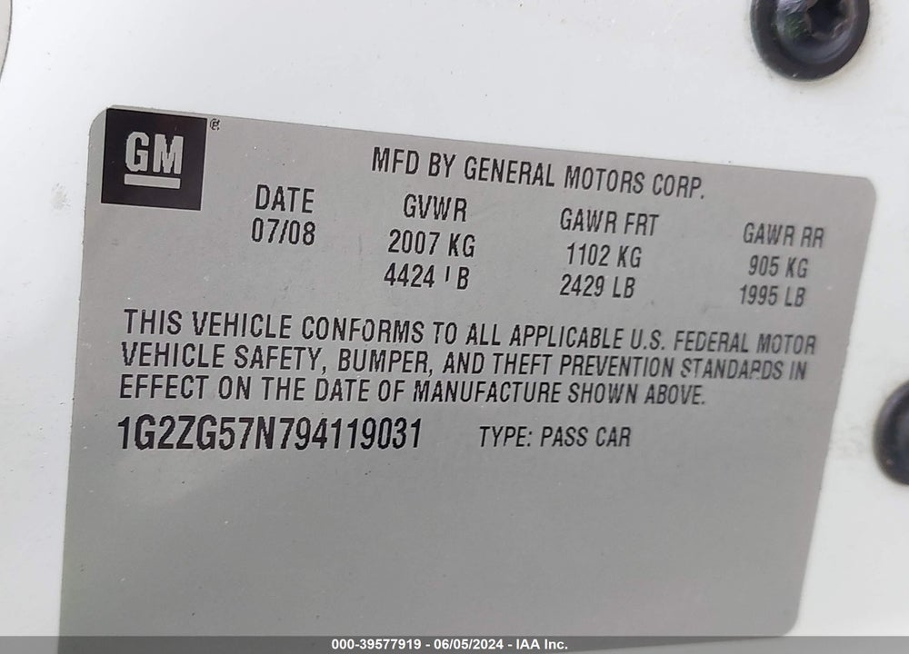 2009 PONTIAC G6 VIN: 1G2ZG57N794119031