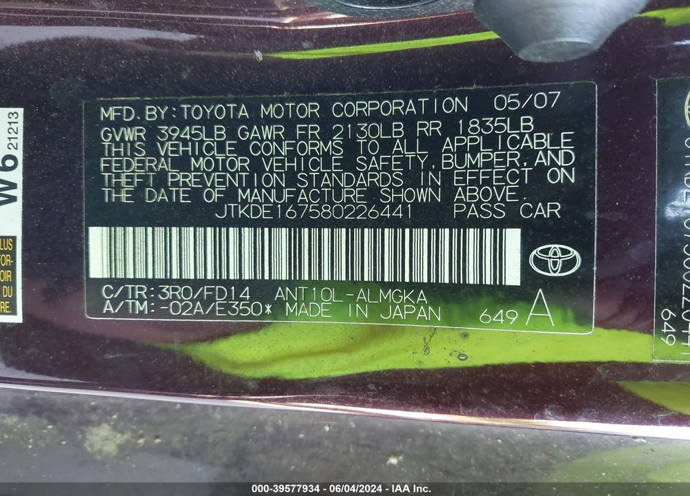 2008 SCION TC VIN: JTKDE167580226441