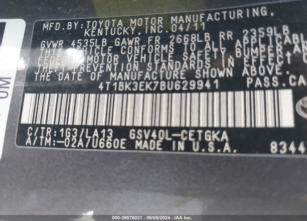 2011 TOYOTA CAMRY XLE V6 VIN: 4T1BK3EK7BU629941