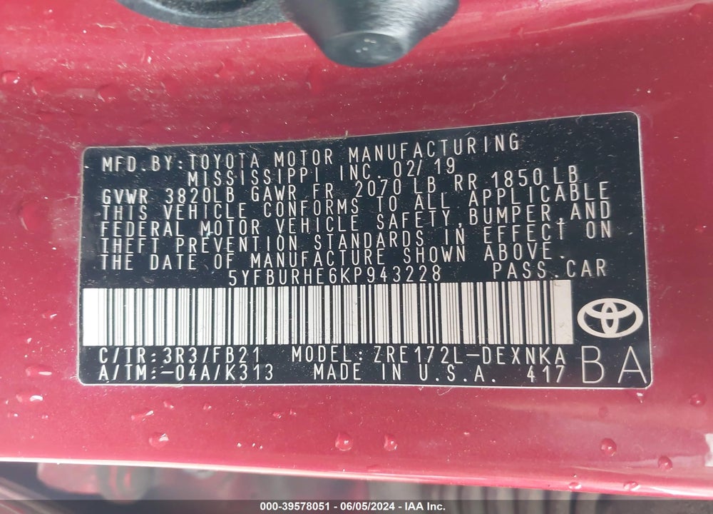 2019 TOYOTA COROLLA LE VIN: 5YFBURHE6KP943228