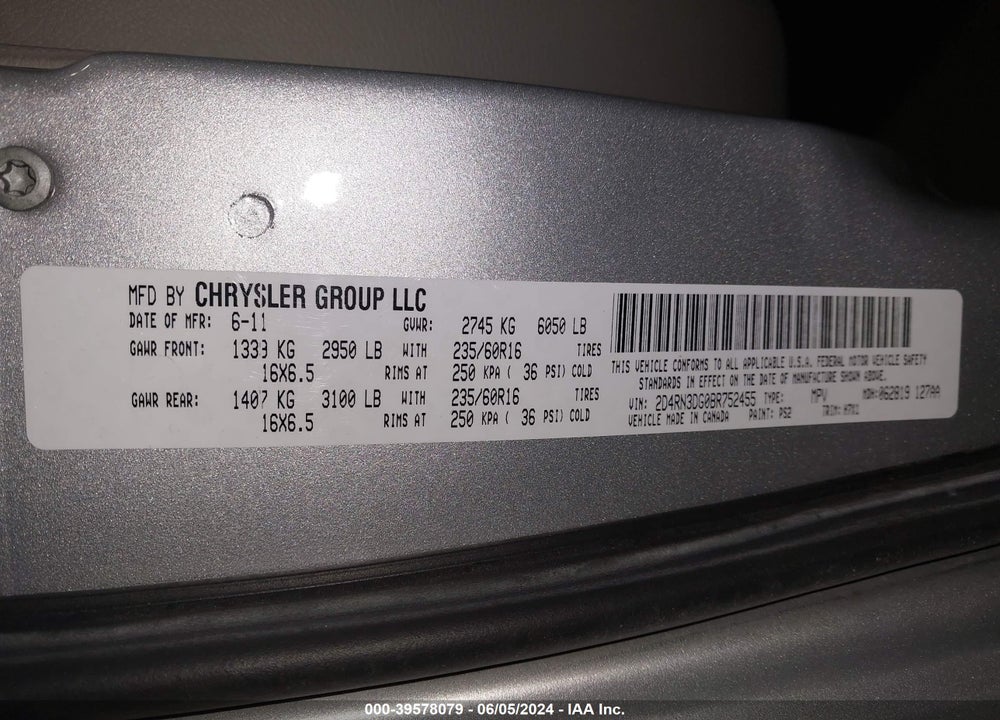 2011 DODGE GRAND CARAVAN MAINSTREET VIN: 2D4RN3DG0BR752455