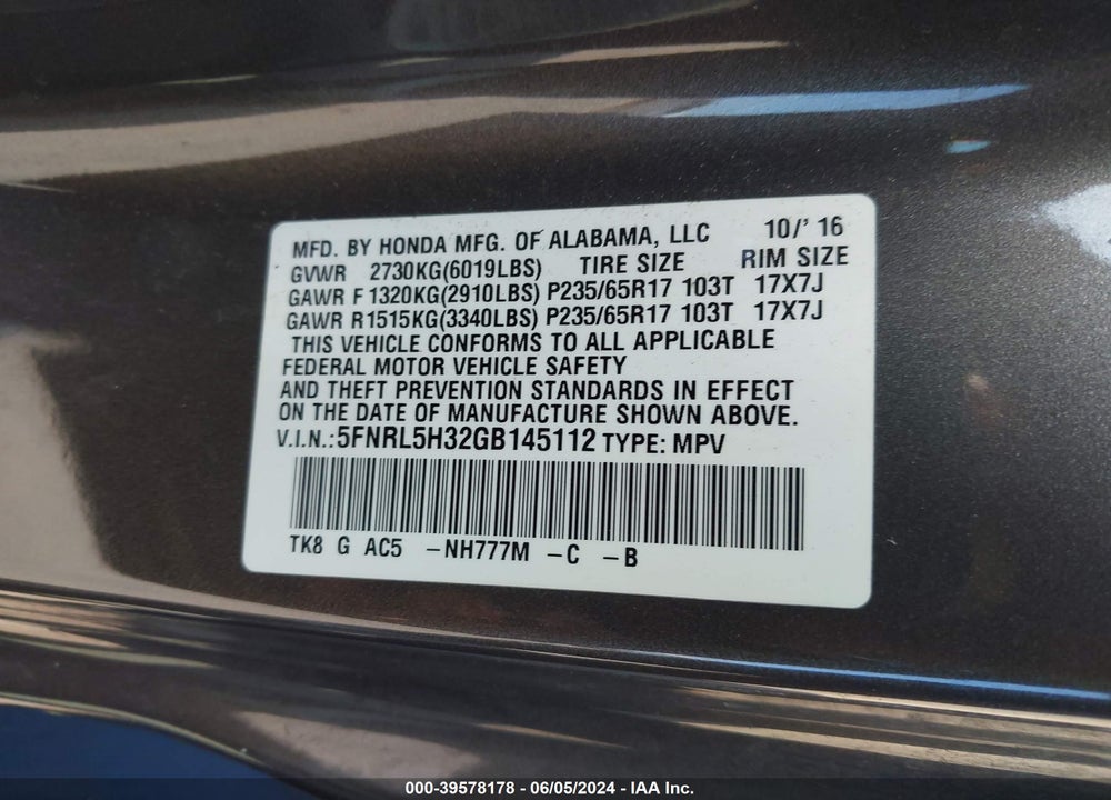 2016 HONDA ODYSSEY SE VIN: 5FNRL5H32GB145112