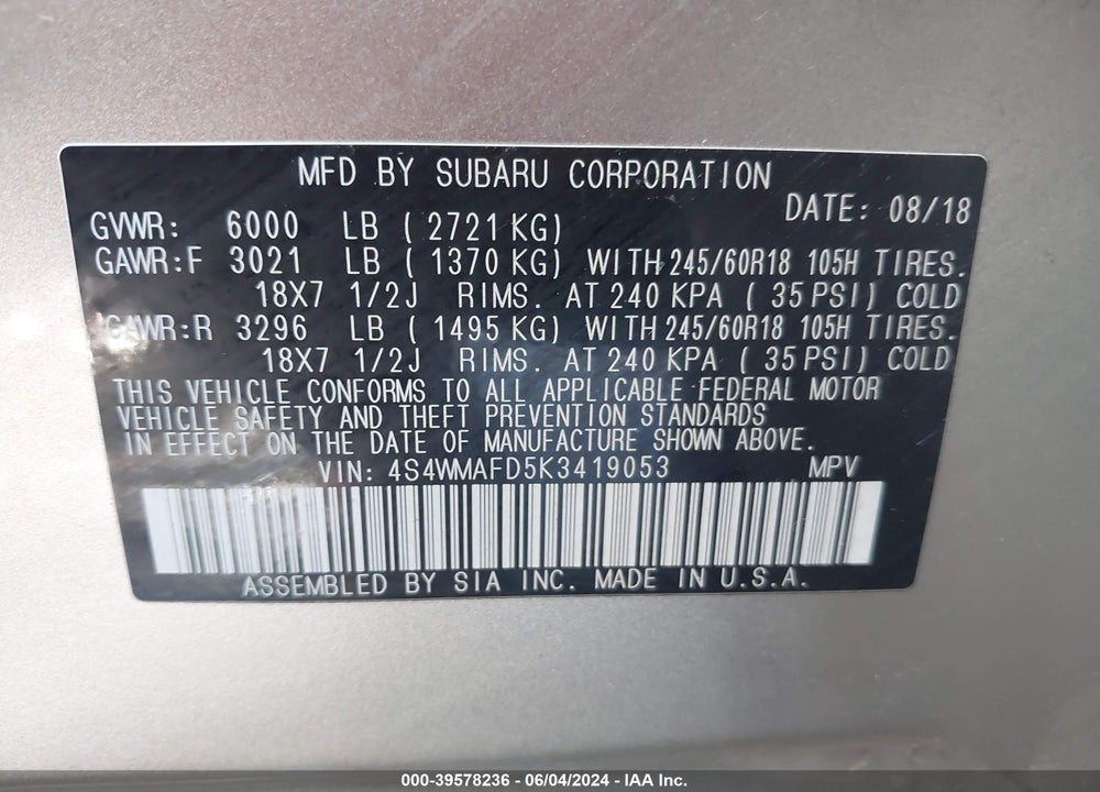 2019 SUBARU ASCENT PREMIUM VIN: 4S4WMAFD5K3419053