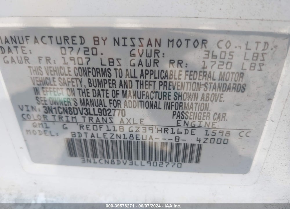 2020 NISSAN VERSA S XTRONIC CVT VIN: 3N1CN8DV3LL902770