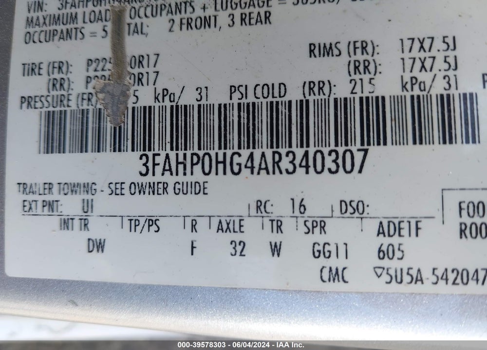 2010 FORD FUSION SE VIN: 3FAHP0HG4AR340307