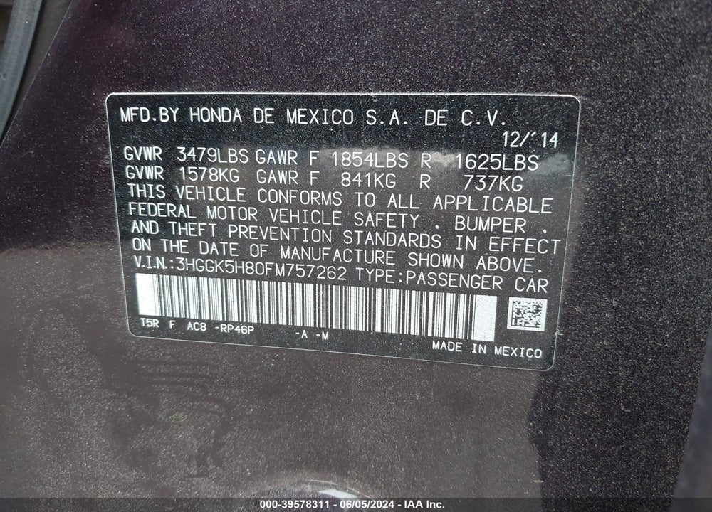 2015 HONDA FIT VIN: 3HGGK5H80FM757262