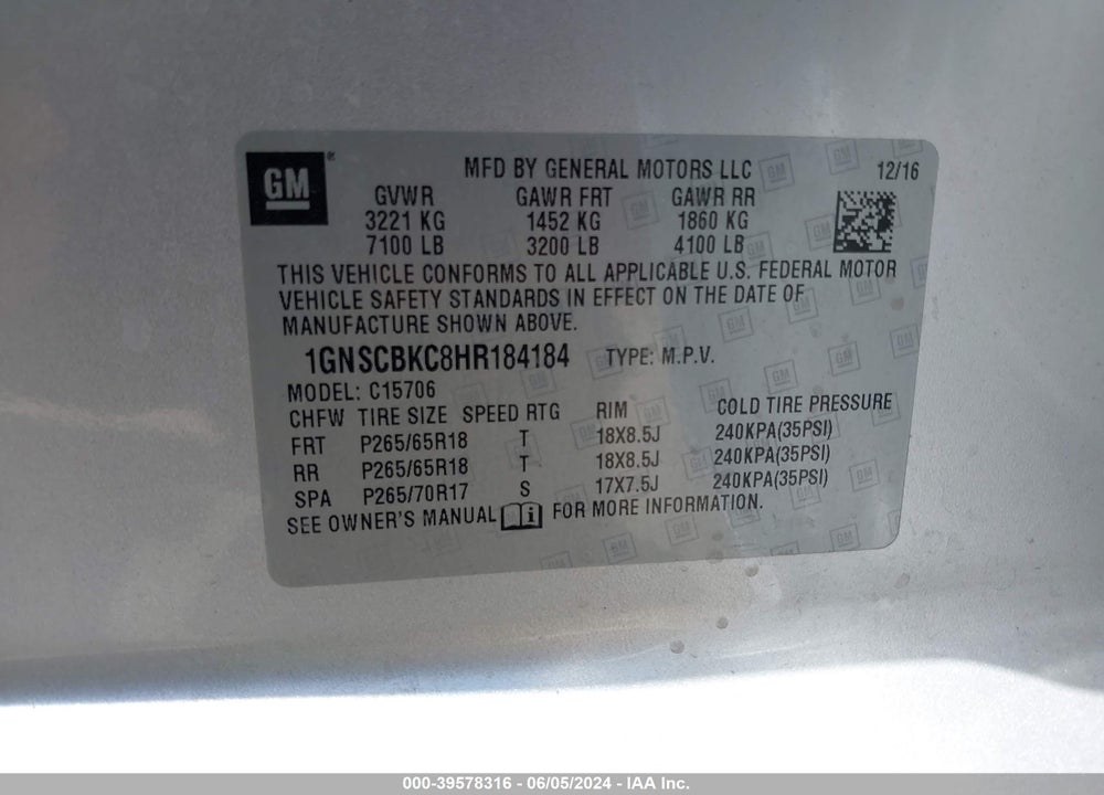 2017 CHEVROLET TAHOE LT VIN: 1GNSCBKC8HR184184