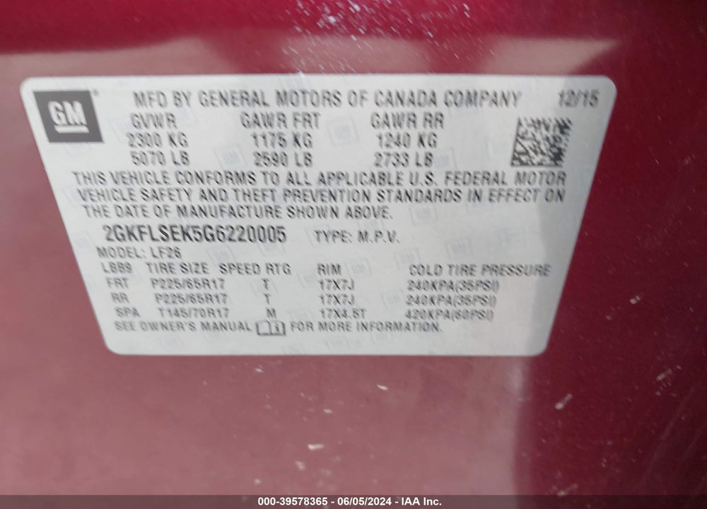 2016 GMC TERRAIN SLE-1 VIN: 2GKFLSEK5G6220005