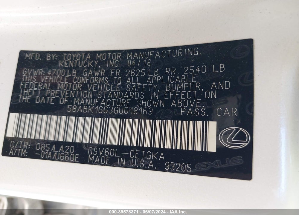 2016 LEXUS ES 350 VIN: 58ABK1GG3GU018169