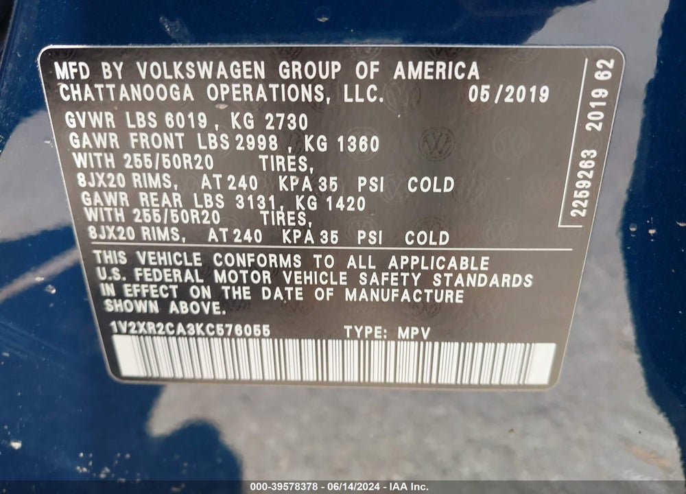 2019 VOLKSWAGEN ATLAS 3.6L V6 SE W/TECHNOLOGY R-LINE VIN: 1V2XR2CA3KC576055