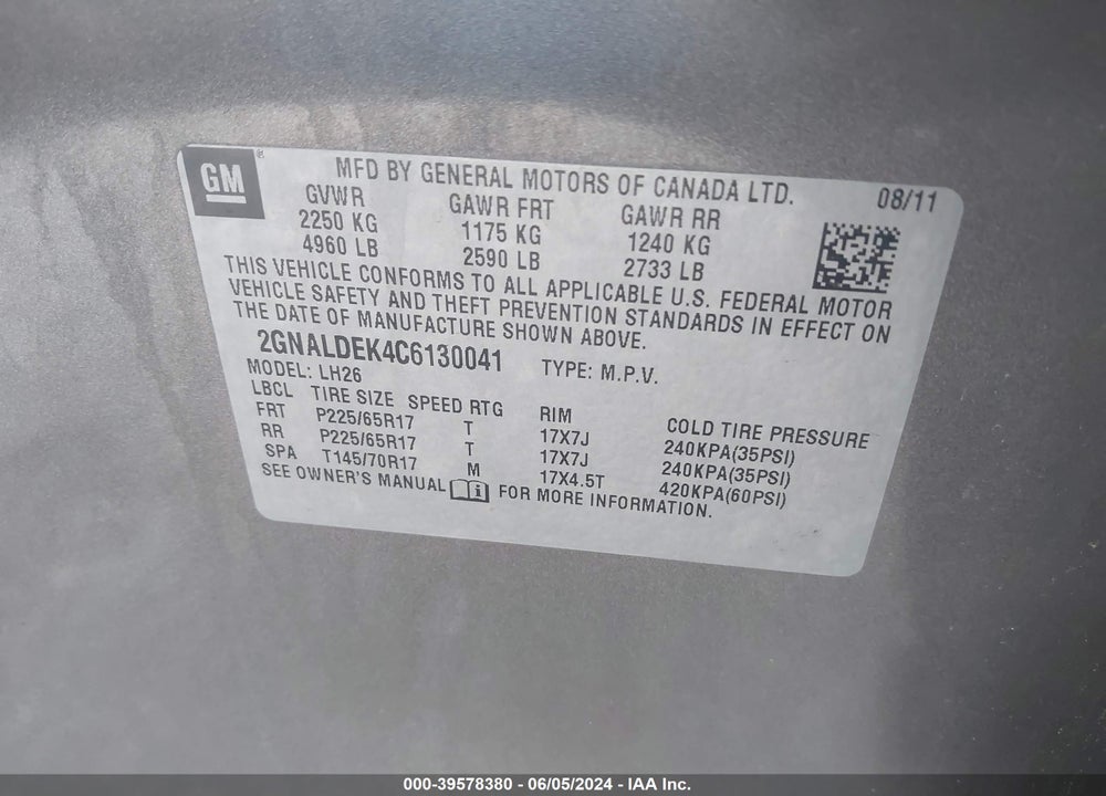 2012 CHEVROLET EQUINOX 1LT VIN: 2GNALDEK4C6130041