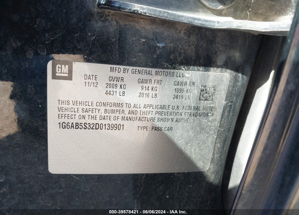 2013 CADILLAC ATS LUXURY VIN: 1G6AB5S32D0139901