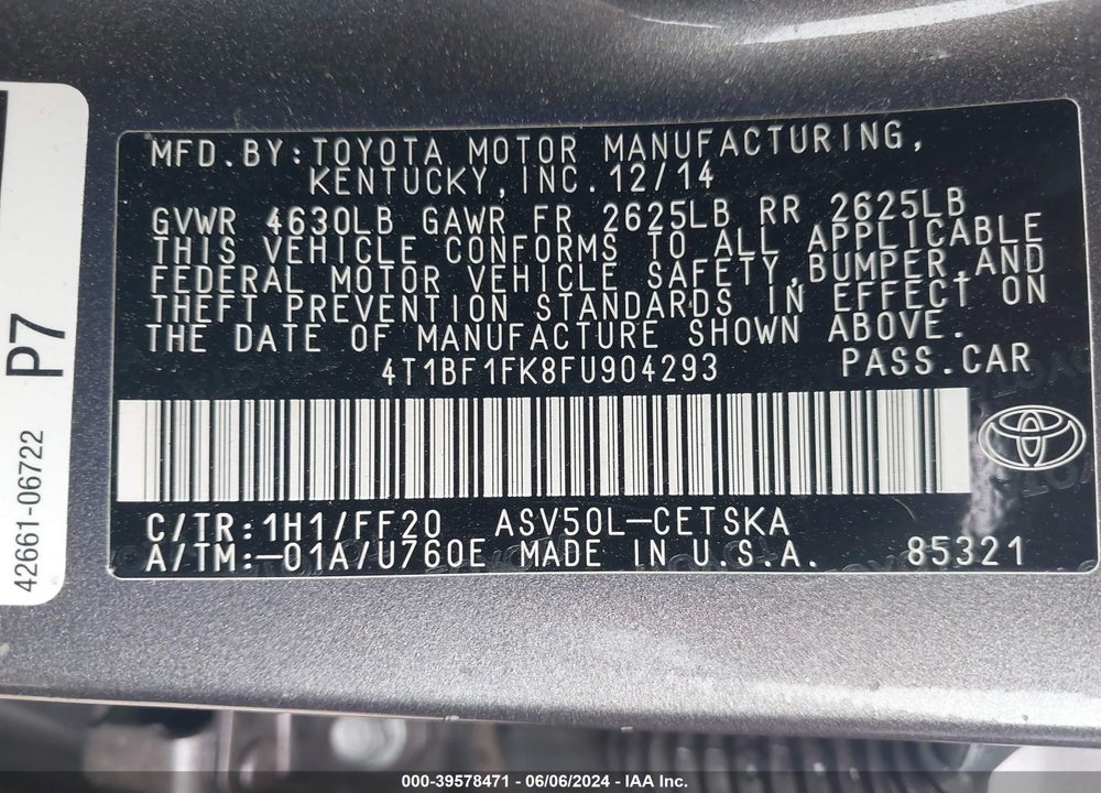 2015 TOYOTA CAMRY LE/SE/XLE/XSE VIN: 4T1BF1FK8FU904293