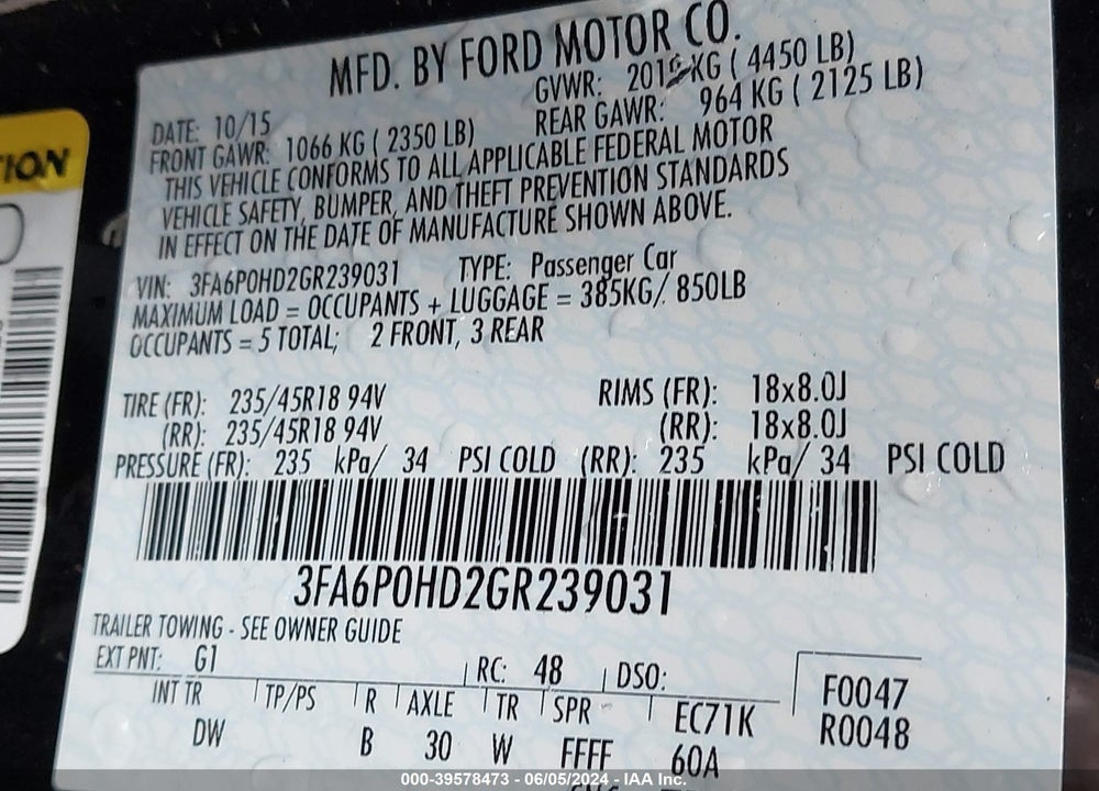 2016 FORD FUSION SE VIN: 3FA6P0HD2GR239031
