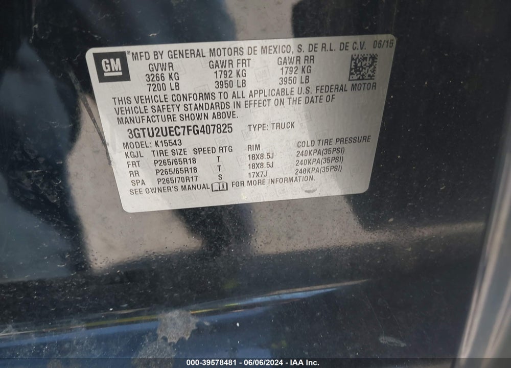 2015 GMC SIERRA 1500 SLE VIN: 3GTU2UEC7FG407825