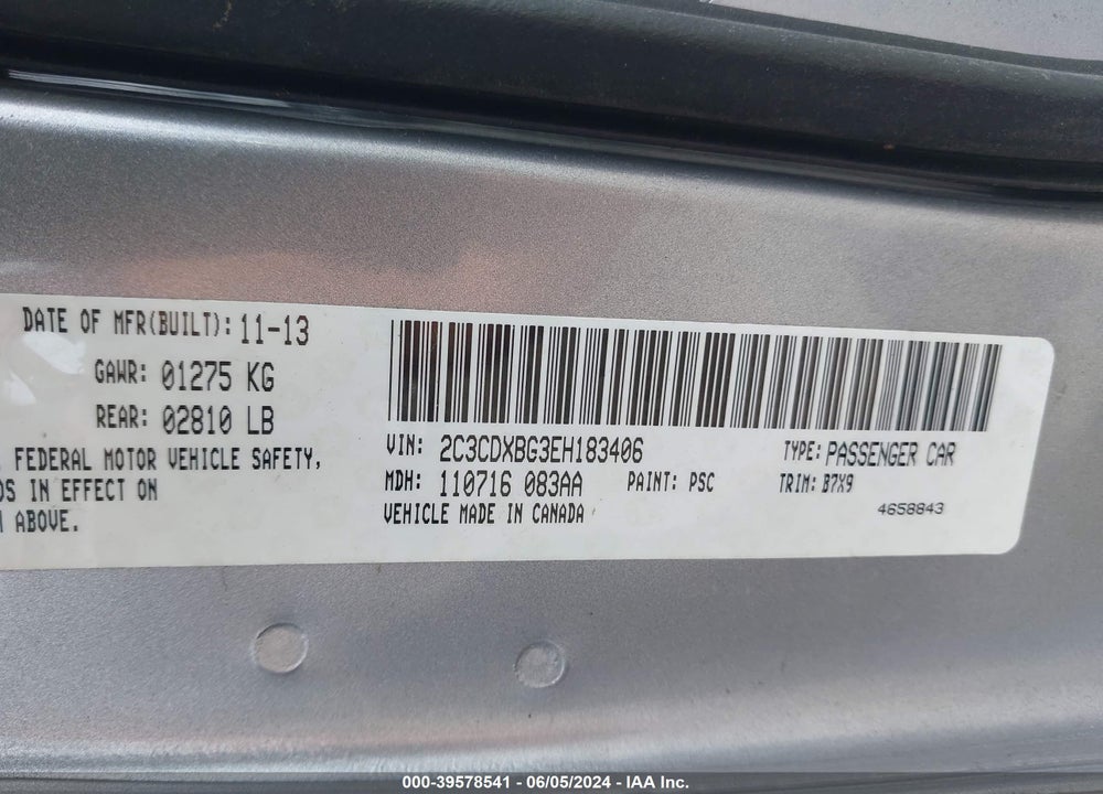 2014 DODGE CHARGER SE VIN: 2C3CDXBG3EH183406