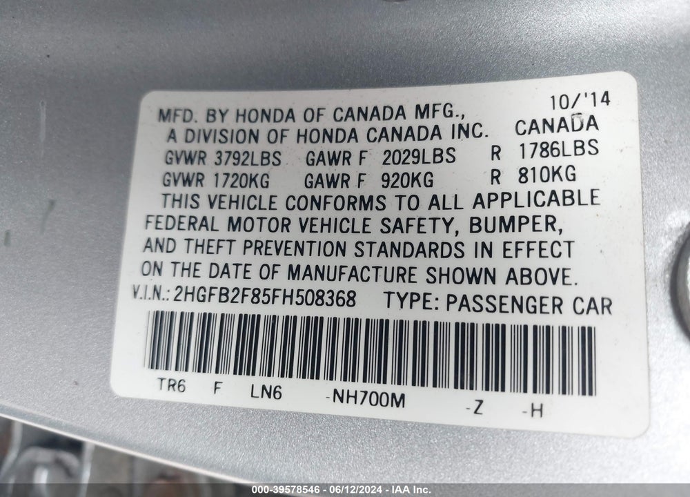 2015 HONDA CIVIC EX VIN: 2HGFB2F85FH508368