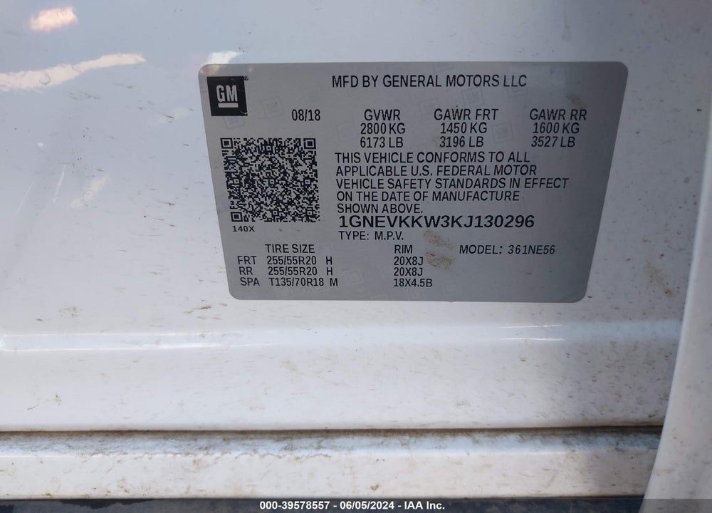 2019 CHEVROLET TRAVERSE PREMIER VIN: 1GNEVKKW3KJ130296