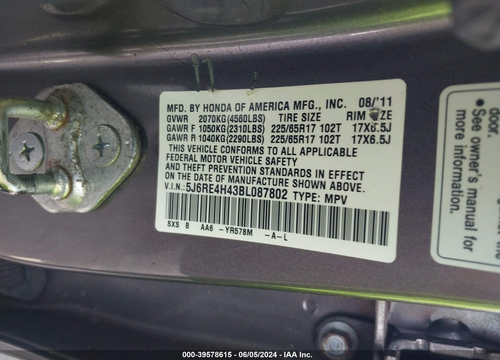 2011 HONDA CR-V VIN: 5J6RE4H43BL087802