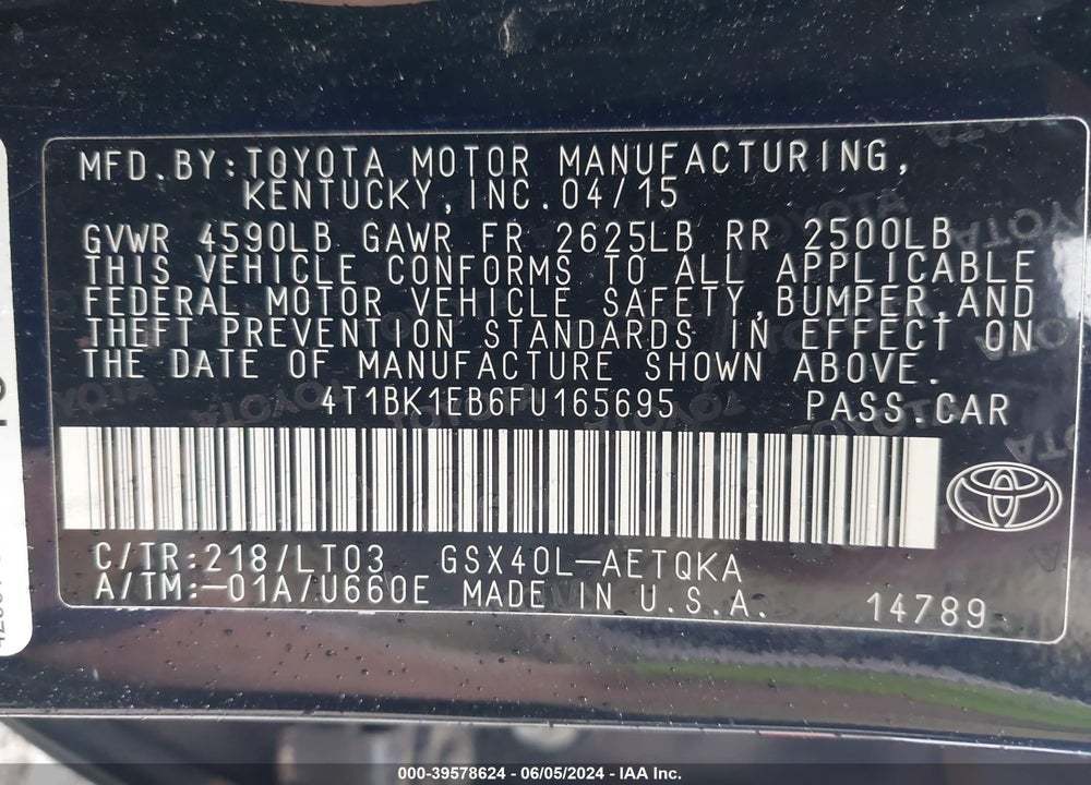 2015 TOYOTA AVALON XLE TOURING VIN: 4T1BK1EB6FU165695